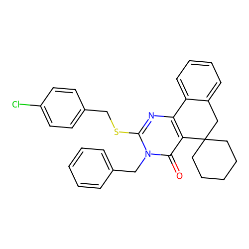 3-benzyl-2-((4-chlorobenzyl)thio)-3H-spiro[benzo[h]quinazoline-5,1'-cyclohexan]-4(6H)-one structure