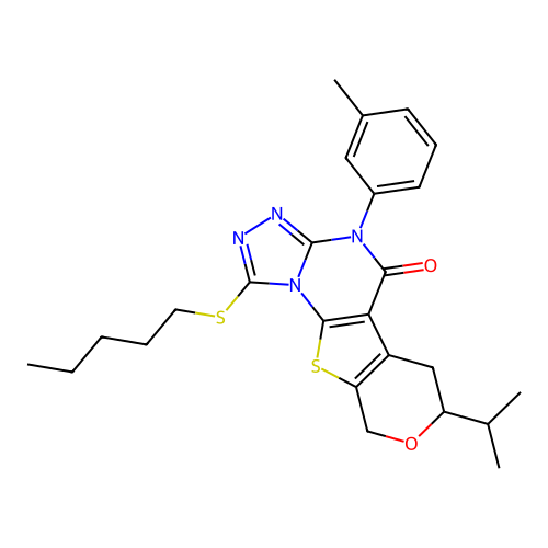 4-(3-methylphenyl)-1-(pentylsulfanyl)-7-(propan-2-yl)-6,9-dihydro-7H-pyrano[4',3':4,5]thieno[3,2-e][1,2,4]triazolo[4,3-a]pyrimidin-5(4H)-one structure