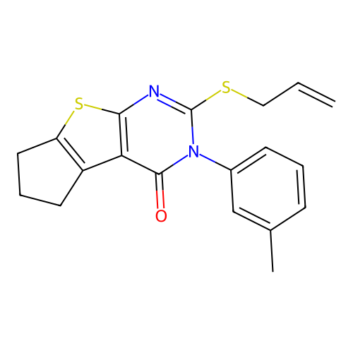 2-(allylthio)-3-(m-tolyl)-6,7-dihydro-3H-cyclopenta[4,5]thieno[2,3-d]pyrimidin-4(5H)-one structure