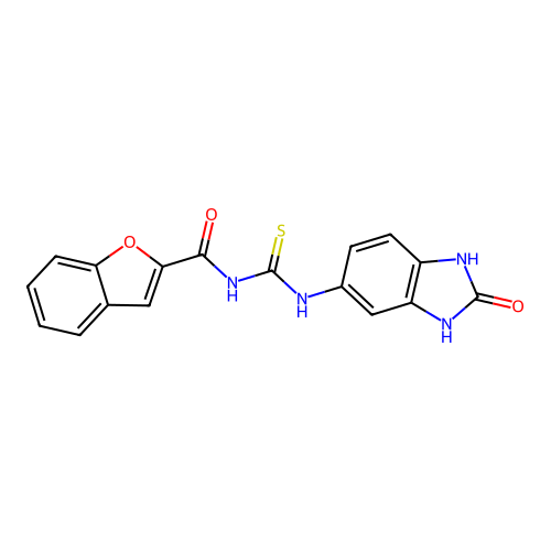 N-{[(2-oxo-2,3-dihydro-1H-benzimidazol-5-yl)amino]carbonothioyl}-1-benzofuran-2-carboxamide structure
