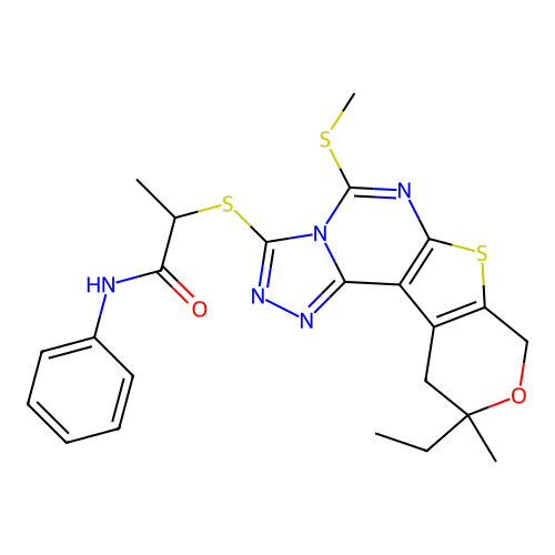 2-((10-ethyl-10-methyl-5-(methylthio)-10,11-dihydro-8H-pyrano[4',3':4,5]thieno[3,2-e][1,2,4]triazolo[4,3-c]pyrimidin-3-yl)thio)-N-phenylpropanamide structure