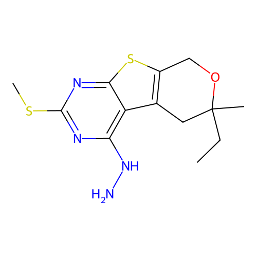 6-ethyl-4-hydrazinyl-6-methyl-2-(methylsulfanyl)-5,8-dihydro-6H-pyrano[4',3':4,5]thieno[2,3-d]pyrimidine structure
