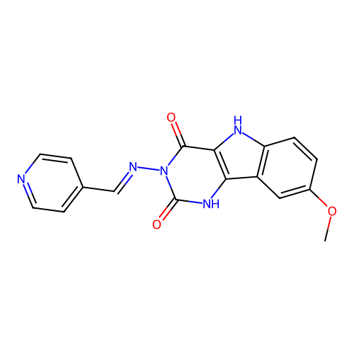8-methoxy-3-[(E)-pyridin-4-ylmethylideneamino]-1,5-dihydropyrimido[5,4-b]indole-2,4-dione structure