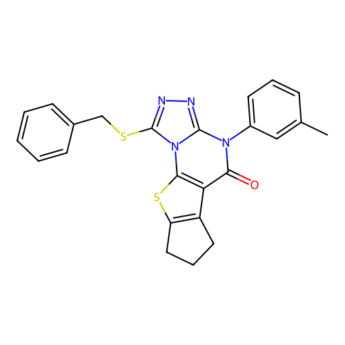 1-(benzylsulfanyl)-4-(3-methylphenyl)-7,8-dihydro-6H-cyclopenta[4,5]thieno[3,2-e][1,2,4]triazolo[4,3-a]pyrimidin-5(4H)-one structure
