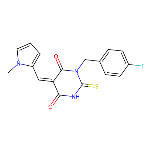 (5Z)-1-[(4-fluorophenyl)methyl]-5-[(1-methylpyrrol-2-yl)methylidene]-2-sulfanylidene-1,3-diazinane-4,6-dione structure