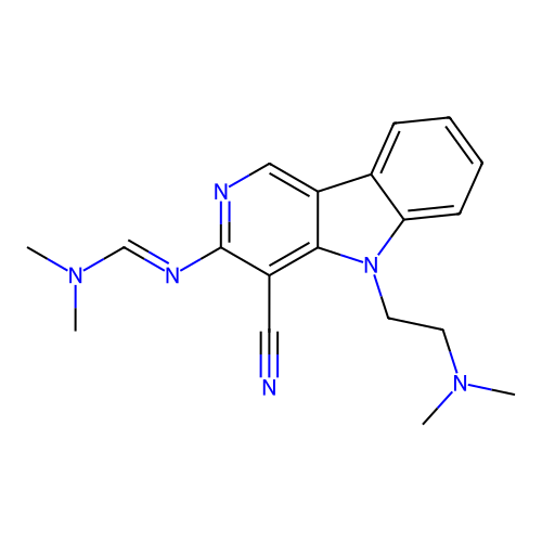 N'-[4-cyano-5-(2-dimethylaminoethyl)pyrido[4,3-b]indol-3-yl]-N,N-dimethylmethanimidamide structure