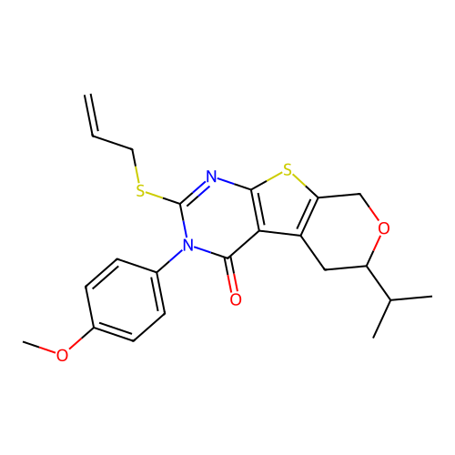 2-(allylthio)-6-isopropyl-3-(4-methoxyphenyl)-5,6-dihydro-3H-pyrano[4',3':4,5]thieno[2,3-d]pyrimidin-4(8H)-one structure