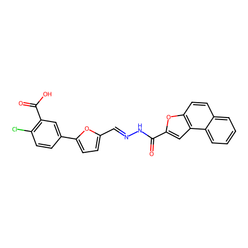 2-Chloro-5-{5-[(naphtho[2,1-b]furan-2-carbonyl)-hydrazonomethyl]-furan-2-yl}-benzoic acid structure
