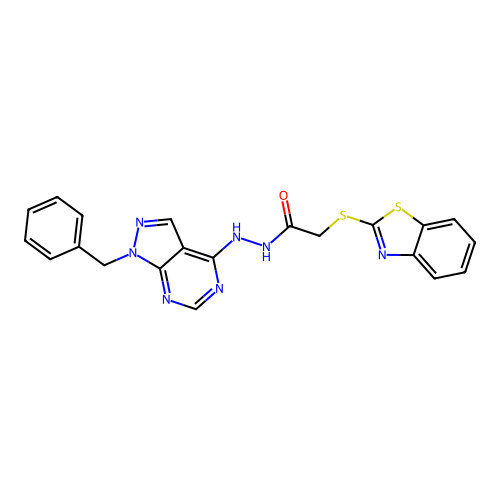 2-(1,3-benzothiazol-2-ylsulfanyl)-N'-(1-benzylpyrazolo[3,4-d]pyrimidin-4-yl)acetohydrazide structure