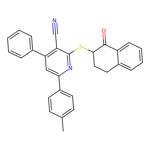 2-((1-oxo-1,2,3,4-tetrahydronaphthalen-2-yl)thio)-4-phenyl-6-(p-tolyl)nicotinonitrile structure