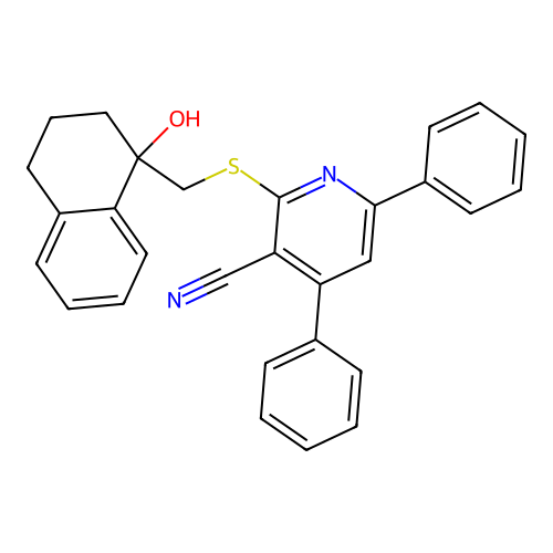 2-(((1-hydroxy-1,2,3,4-tetrahydronaphthalen-1-yl)methyl)thio)-4,6-diphenylnicotinonitrile structure