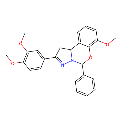 2-(3,4-dimethoxyphenyl)-7-methoxy-5-phenyl-1,10b-dihydropyrazolo[1,5-c][1,3]benzoxazine structure