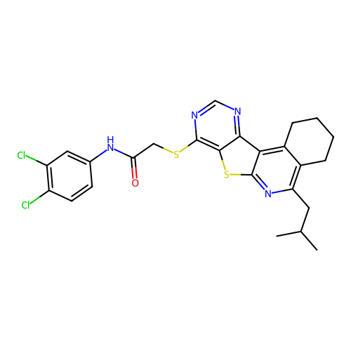 N-(3,4-dichlorophenyl)-2-((5-isobutyl-1,2,3,4-tetrahydropyrimido[4',5':4,5]thieno[2,3-c]isoquinolin-8-yl)thio)acetamide structure