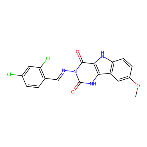 (E)-3-((2,4-dichlorobenzylidene)amino)-8-methoxy-1H-pyrimido[5,4-b]indole-2,4(3H,5H)-dione structure