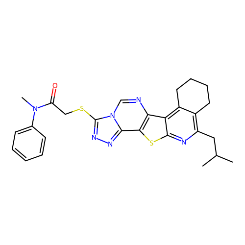 2-((11-isobutyl-7,8,9,10-tetrahydro-[1,2,4]triazolo[4'',3'':1',6']pyrimido[4',5':4,5]thieno[2,3-c]isoquinolin-3-yl)thio)-N-methyl-N-phenylacetamide structure