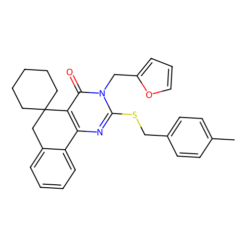 3-(furan-2-ylmethyl)-2-((4-methylbenzyl)thio)-3H-spiro[benzo[h]quinazoline-5,1'-cyclohexan]-4(6H)-one structure