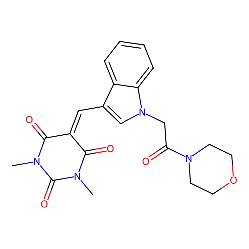 1,3-dimethyl-5-({1-[2-(morpholin-4-yl)-2-oxoethyl]-1H-indol-3-yl}methylidene)pyrimidine-2,4,6(1H,3H,5H)-trione structure