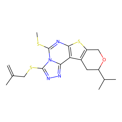 10-isopropyl-3-((2-methylallyl)thio)-5-(methylthio)-10,11-dihydro-8H-pyrano[4',3':4,5]thieno[3,2-e][1,2,4]triazolo[4,3-c]pyrimidine structure