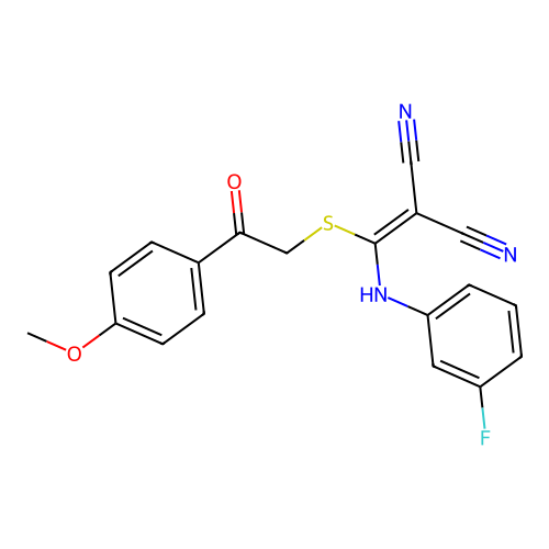 2-(((3-fluorophenyl)amino)((2-(4-methoxyphenyl)-2-oxoethyl)thio)methylene)malononitrile structure