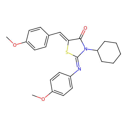 (2E,5Z)-3-cyclohexyl-5-(4-methoxybenzylidene)-2-((4-methoxyphenyl)imino)thiazolidin-4-one structure