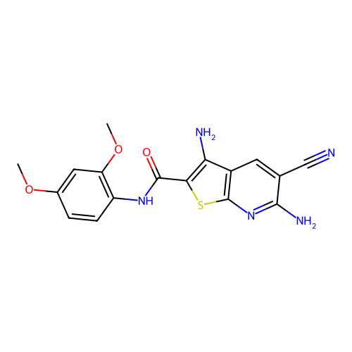 3,6-diamino-5-cyano-N-(2,4-dimethoxyphenyl)thieno[2,3-b]pyridine-2-carboxamide structure