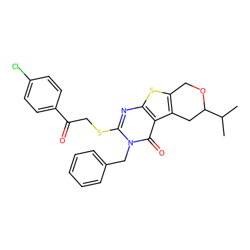 3-benzyl-2-((2-(4-chlorophenyl)-2-oxoethyl)thio)-6-isopropyl-5,6-dihydro-3H-pyrano[4',3':4,5]thieno[2,3-d]pyrimidin-4(8H)-one structure