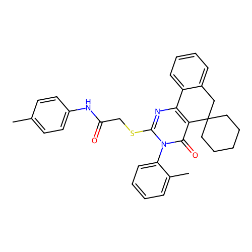 2-((4-oxo-3-(o-tolyl)-4,6-dihydro-3H-spiro[benzo[h]quinazoline-5,1'-cyclohexan]-2-yl)thio)-N-(p-tolyl)acetamide structure