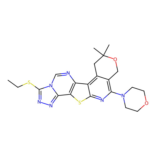 3-(ethylsulfanyl)-8,8-dimethyl-11-(morpholin-4-yl)-7,10-dihydro-8H-pyrano[4'',3'':4',5']pyrido[3',2':4,5]thieno[2,3-e][1,2,4]triazolo[4,3-c]pyrimidine structure