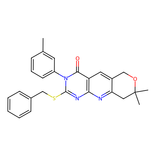 2-(benzylsulfanyl)-8,8-dimethyl-3-(3-methylphenyl)-3,6,8,9-tetrahydro-4H-pyrano[3',4':5,6]pyrido[2,3-d]pyrimidin-4-one structure