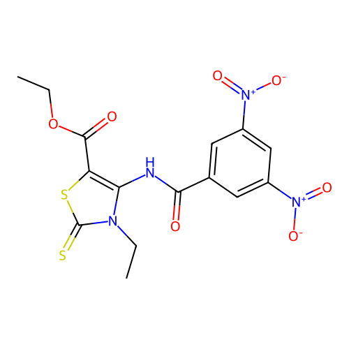 ethyl 4-(3,5-dinitrobenzamido)-3-ethyl-2-thioxo-2,3-dihydrothiazole-5-carboxylate structure