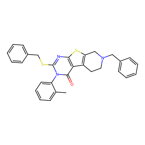 7-benzyl-2-(benzylsulfanyl)-3-(2-methylphenyl)-5,6,7,8-tetrahydropyrido[4',3':4,5]thieno[2,3-d]pyrimidin-4(3H)-one structure