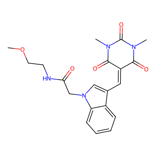 2-(3-((1,3-dimethyl-2,4,6-trioxotetrahydropyrimidin-5(2H)-ylidene)methyl)-1H-indol-1-yl)-N-(2-methoxyethyl)acetamide structure