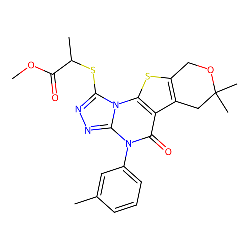 methyl 2-((7,7-dimethyl-5-oxo-4-(m-tolyl)-5,6,7,9-tetrahydro-4H-pyrano[4',3':4,5]thieno[3,2-e][1,2,4]triazolo[4,3-a]pyrimidin-1-yl)thio)propanoate structure