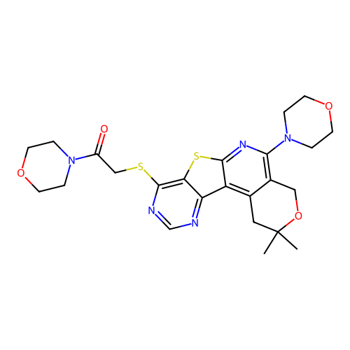 2-((2,2-dimethyl-5-morpholino-2,4-dihydro-1H-pyrano[4'',3'':4',5']pyrido[3',2':4,5]thieno[3,2-d]pyrimidin-8-yl)thio)-1-morpholinoethanone structure