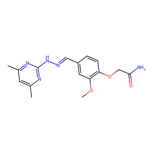 (E)-2-(4-((2-(4,6-dimethylpyrimidin-2-yl)hydrazono)methyl)-2-methoxyphenoxy)acetamide structure