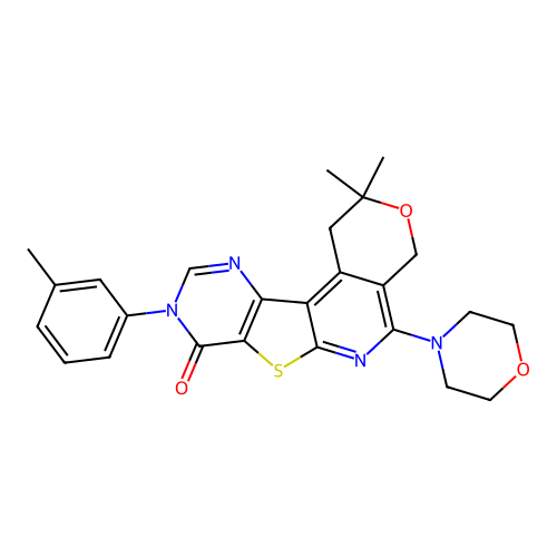 2,2-dimethyl-5-morpholino-9-(m-tolyl)-4,9-dihydro-1H-pyrano[4'',3'':4',5']pyrido[3',2':4,5]thieno[3,2-d]pyrimidin-8(2H)-one structure