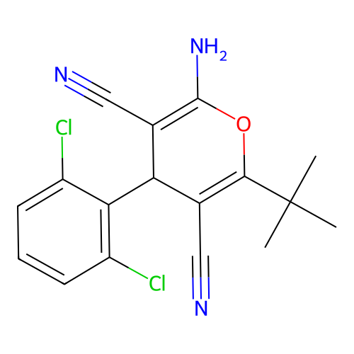 2-amino-6-tert-butyl-4-(2,6-dichlorophenyl)-4H-pyran-3,5-dicarbonitrile structure