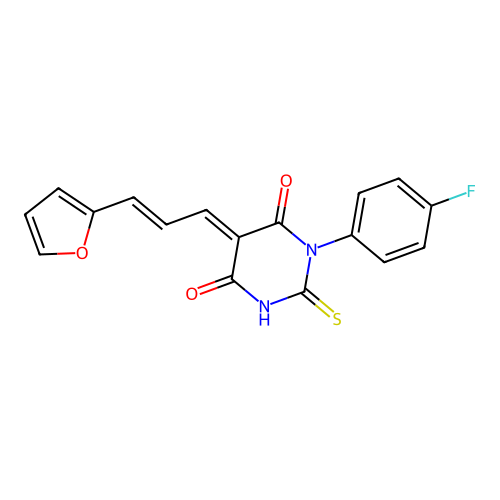 (5E)-1-(4-fluorophenyl)-5-[(E)-3-(furan-2-yl)prop-2-enylidene]-2-sulfanylidene-1,3-diazinane-4,6-dione structure