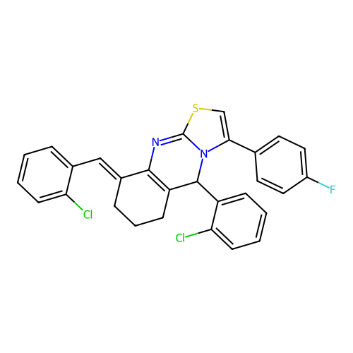 (9E)-5-(2-chlorophenyl)-9-[(2-chlorophenyl)methylidene]-3-(4-fluorophenyl)-5,6,7,8-tetrahydro-[1,3]thiazolo[2,3-b]quinazoline structure
