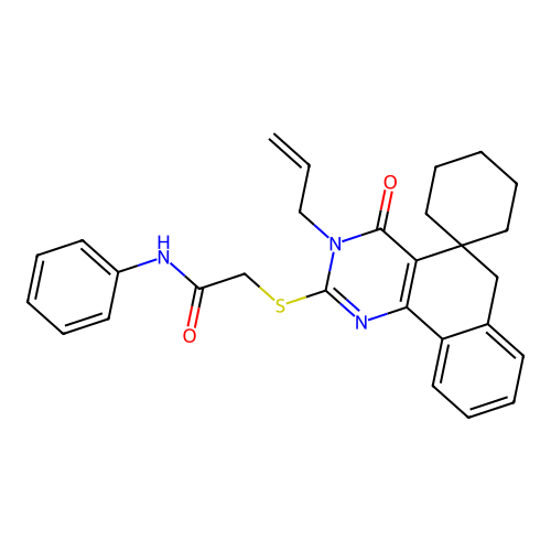 2-((3-allyl-4-oxo-4,6-dihydro-3H-spiro[benzo[h]quinazoline-5,1'-cyclohexan]-2-yl)thio)-N-phenylacetamide structure