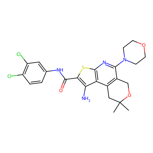 1-amino-N-(3,4-dichlorophenyl)-8,8-dimethyl-5-(morpholin-4-yl)-8,9-dihydro-6H-pyrano[4,3-d]thieno[2,3-b]pyridine-2-carboxamide structure
