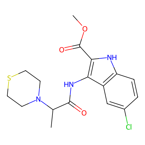 Methyl 5-chloro-3-(2-thiomorpholin-4-ylpropanoylamino)-1H-indole-2-carboxylate structure