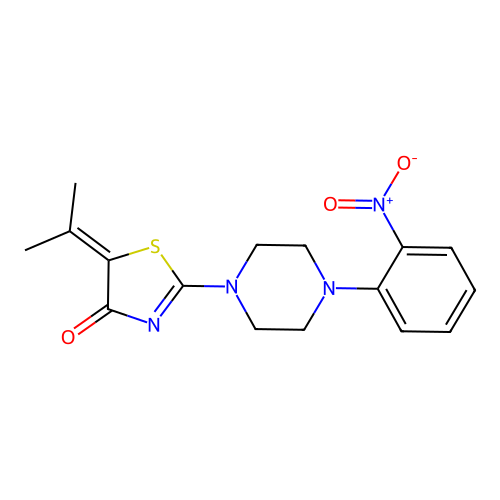 2-[4-(2-nitrophenyl)piperazin-1-yl]-5-(propan-2-ylidene)-1,3-thiazol-4(5H)-one structure