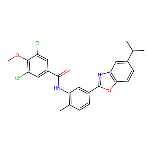 3,5-dichloro-4-methoxy-N-{2-methyl-5-[5-(propan-2-yl)-1,3-benzoxazol-2-yl]phenyl}benzamide structure