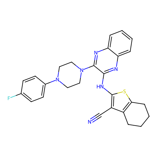 2-((3-(4-(4-fluorophenyl)piperazin-1-yl)quinoxalin-2-yl)amino)-4,5,6,7-tetrahydrobenzo[b]thiophene-3-carbonitrile structure