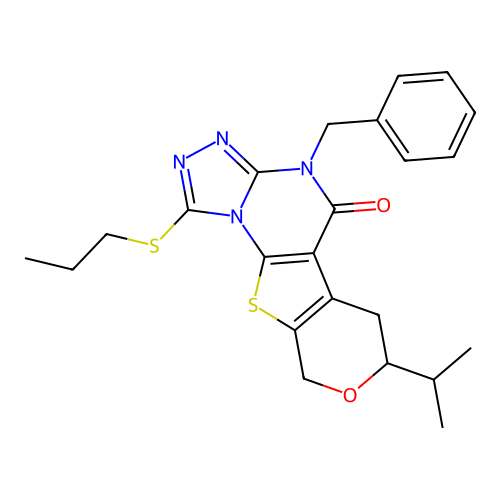 4-benzyl-7-(propan-2-yl)-1-(propylsulfanyl)-6,9-dihydro-7H-pyrano[4',3':4,5]thieno[3,2-e][1,2,4]triazolo[4,3-a]pyrimidin-5(4H)-one structure