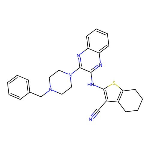 2-((3-(4-benzylpiperazin-1-yl)quinoxalin-2-yl)amino)-4,5,6,7-tetrahydrobenzo[b]thiophene-3-carbonitrile structure