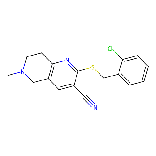 2-[(2-chlorophenyl)methylsulfanyl]-6-methyl-7,8-dihydro-5H-1,6-naphthyridine-3-carbonitrile structure