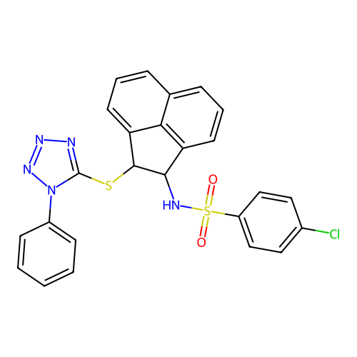 4-chloro-N-(2-((1-phenyl-1H-tetrazol-5-yl)thio)-1,2-dihydroacenaphthylen-1-yl)benzenesulfonamide structure