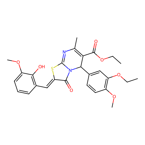 (Z)-ethyl 5-(3-ethoxy-4-methoxyphenyl)-2-(2-hydroxy-3-methoxybenzylidene)-7-methyl-3-oxo-3,5-dihydro-2H-thiazolo[3,2-a]pyrimidine-6-carboxylate structure